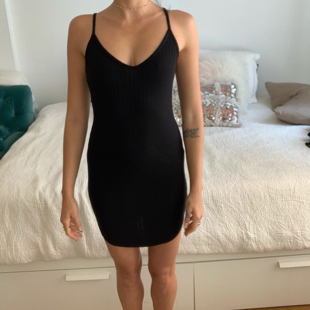 black body-con v-neck mini dress